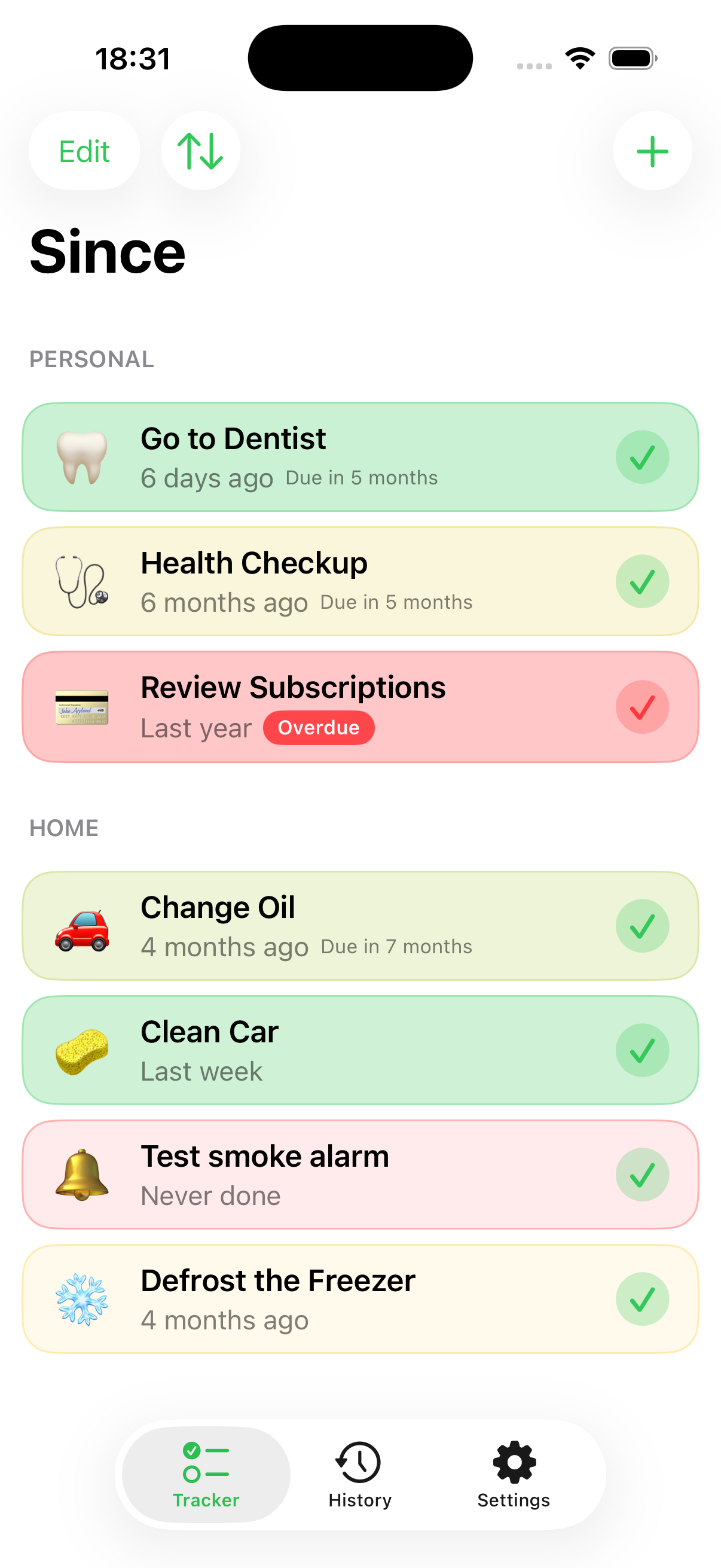 Tracker list showing time since each item